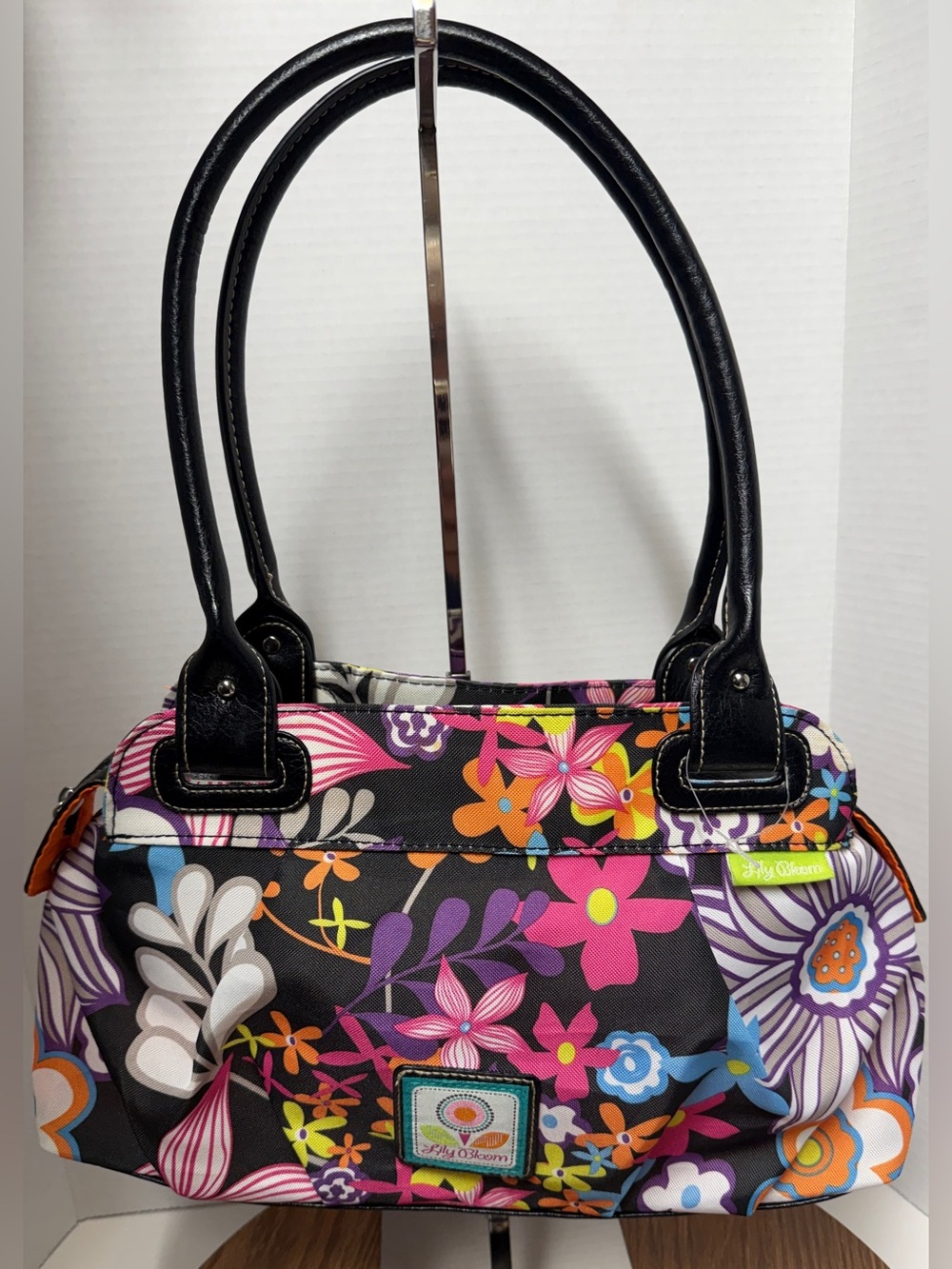 Lily Bloom Black w Vibrant Floral Print Triple Pocket Satchel Handbag Purse